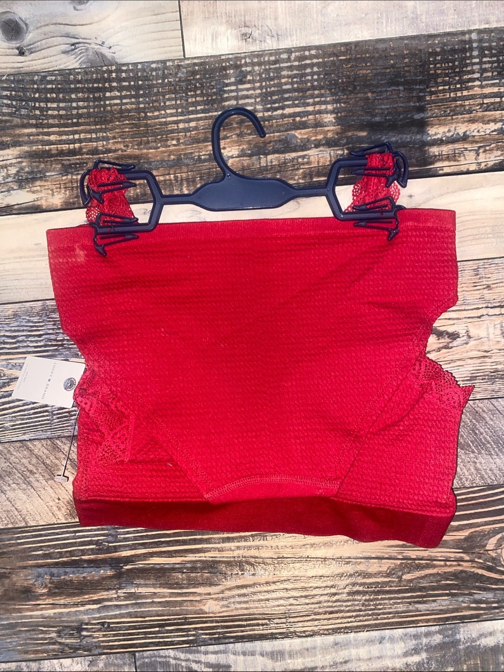 Lucky Brand Red Lace-Trim waffle padded bralette and panty - Picture 2 of 4